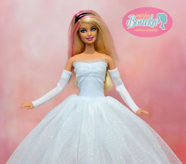 Vestido de noiva (brilho prateado) + luvas + Coroa para Boneca Barbie - Foto 2