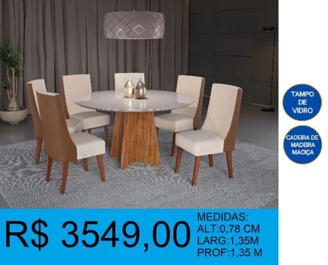 Mesa de jantar redonda com vidro 1,35x1,35m - Entrega e montagem gratis