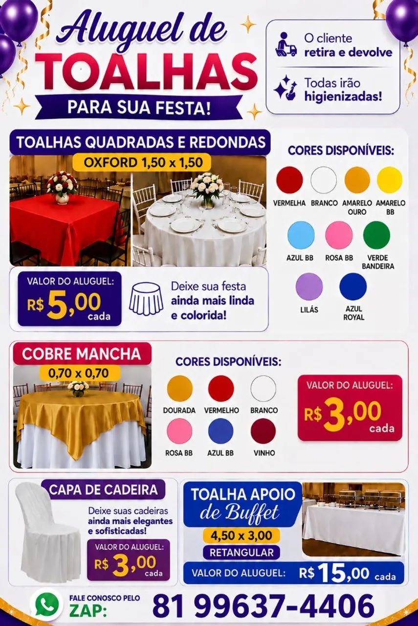 Toalhas em Oxford. Diversas cores. Mesas e cadeiras plásticas 