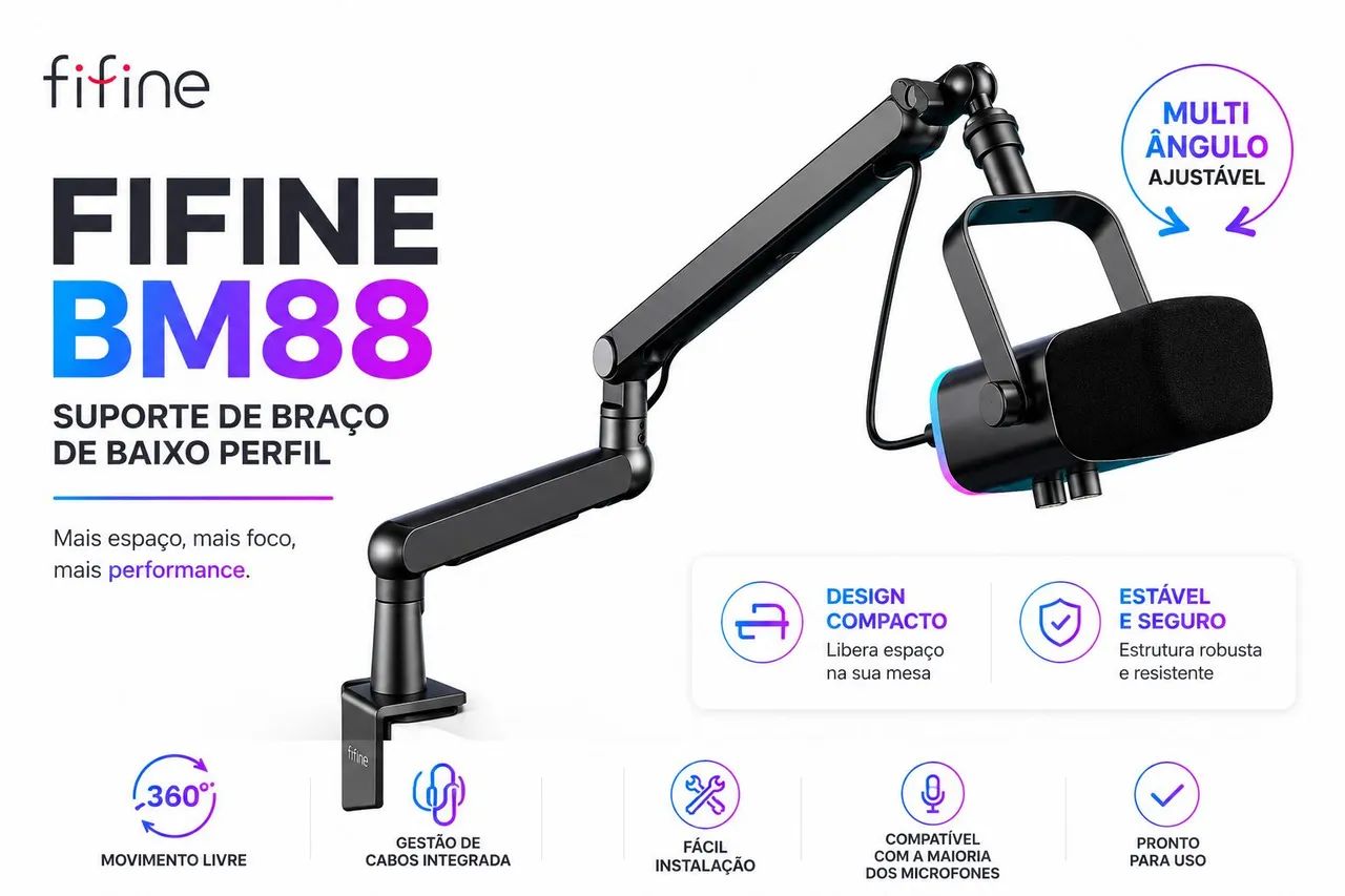 Suporte Articulado Fifine BM88 Braço Baixo Perfil Premium