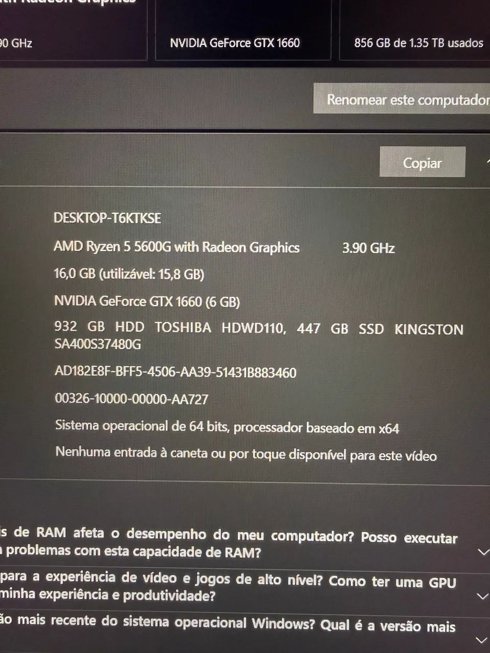 Pc gamer |  Ryzen 5 5600G + GTX 1660 + 16GB de memória - Foto 4