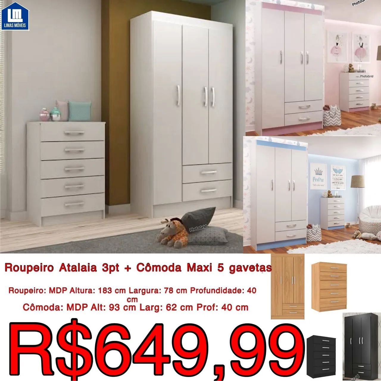 Guarda Roupa Atalaia 3 Portas + Cômoda Maxi 