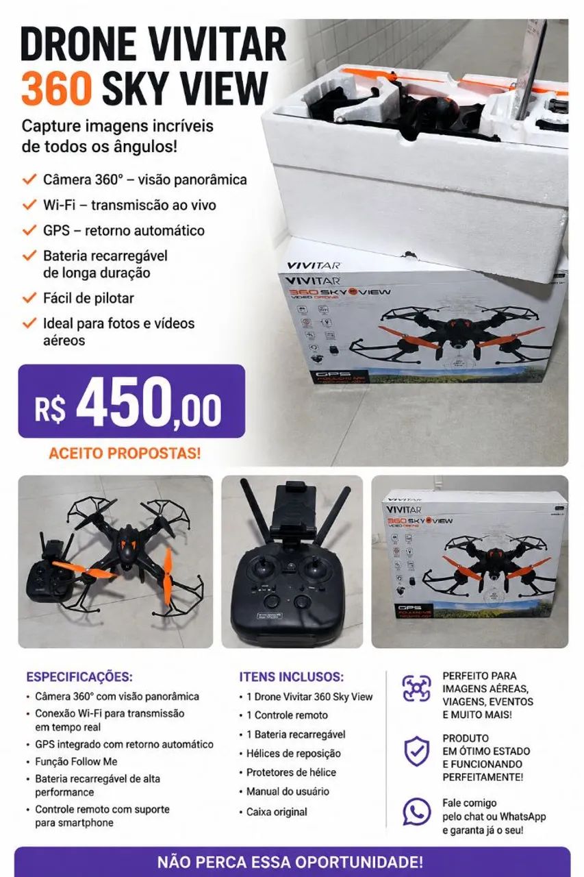 DRONE VIVITAR 360 SKY VIEW - MUITO NOVO