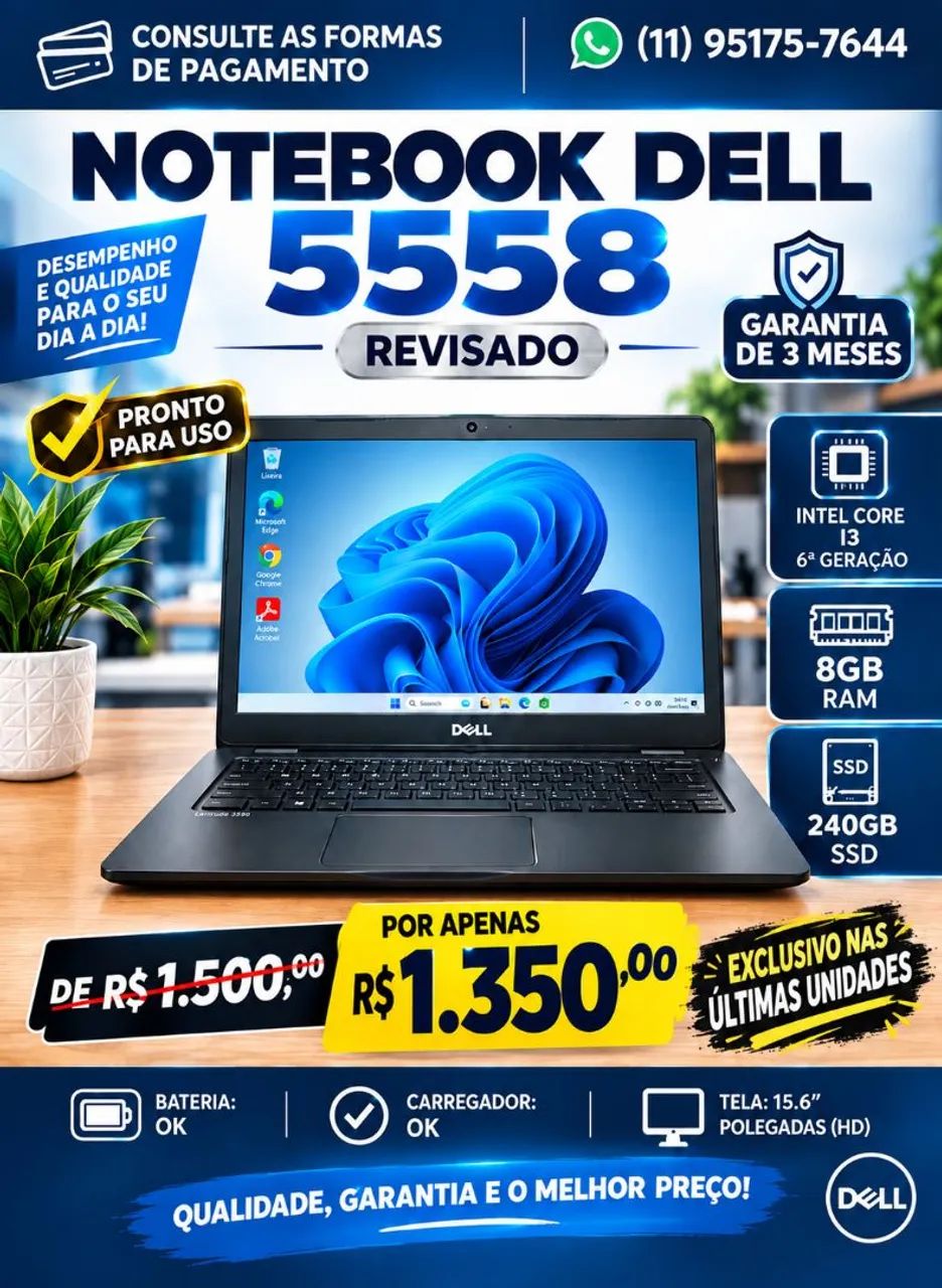 Notebook Dell, 8 gb de memória e SSD de 240gb