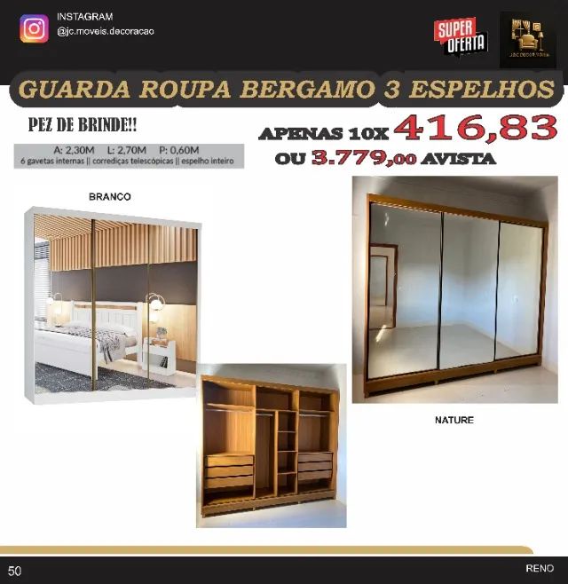 ROUPEIRO BERGAMO 3 ESPELHOS EM MDF