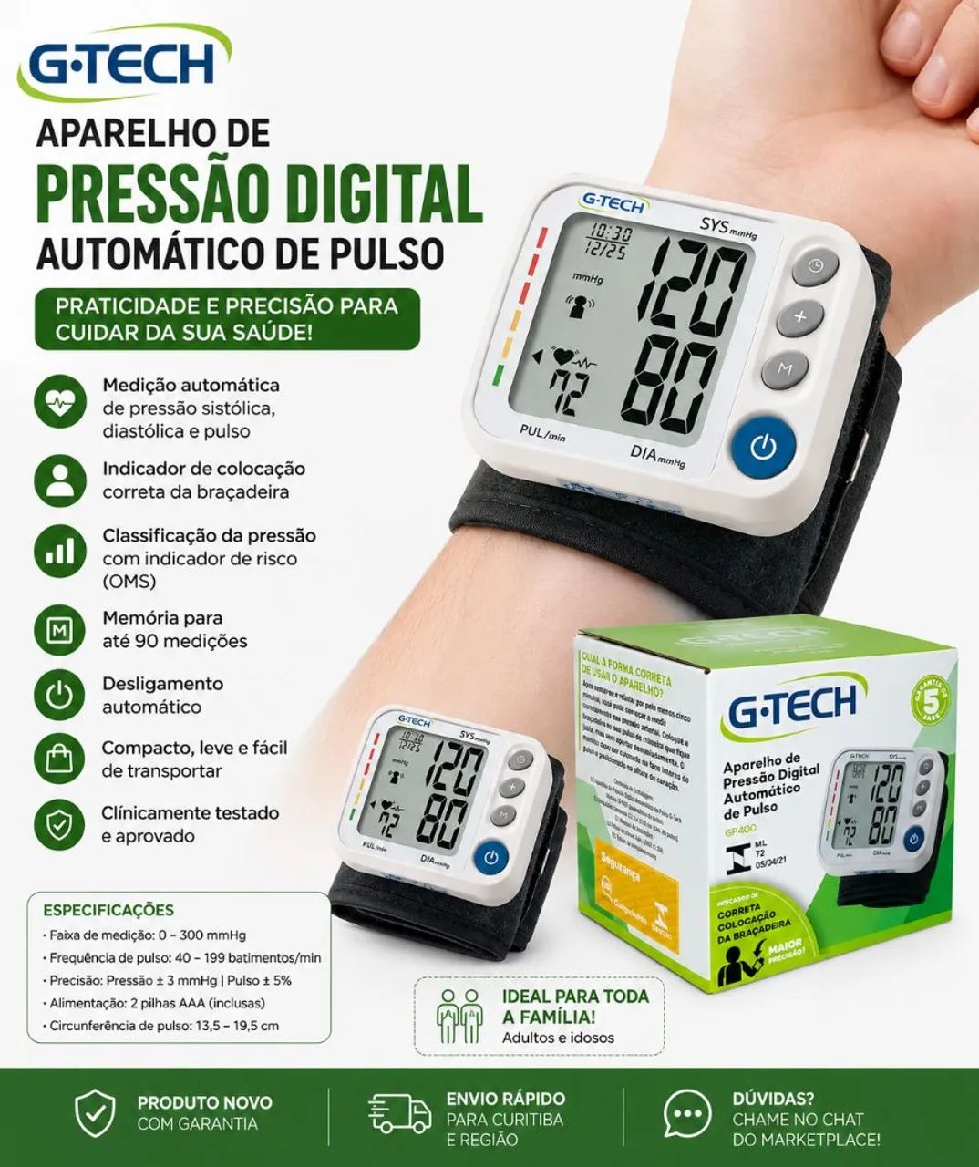 Aparelho de Pressão Digital G-Tech GP400 - Automático de Pulso