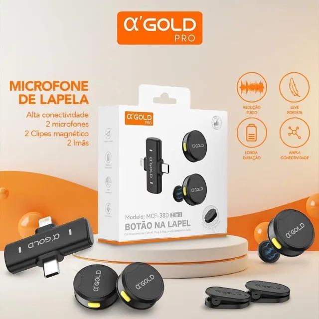 Microfone De Lapela Sem Fio Magnetico 2 Em 1 Lightning E Type-c AGOLD MCF-38D - Foto 3