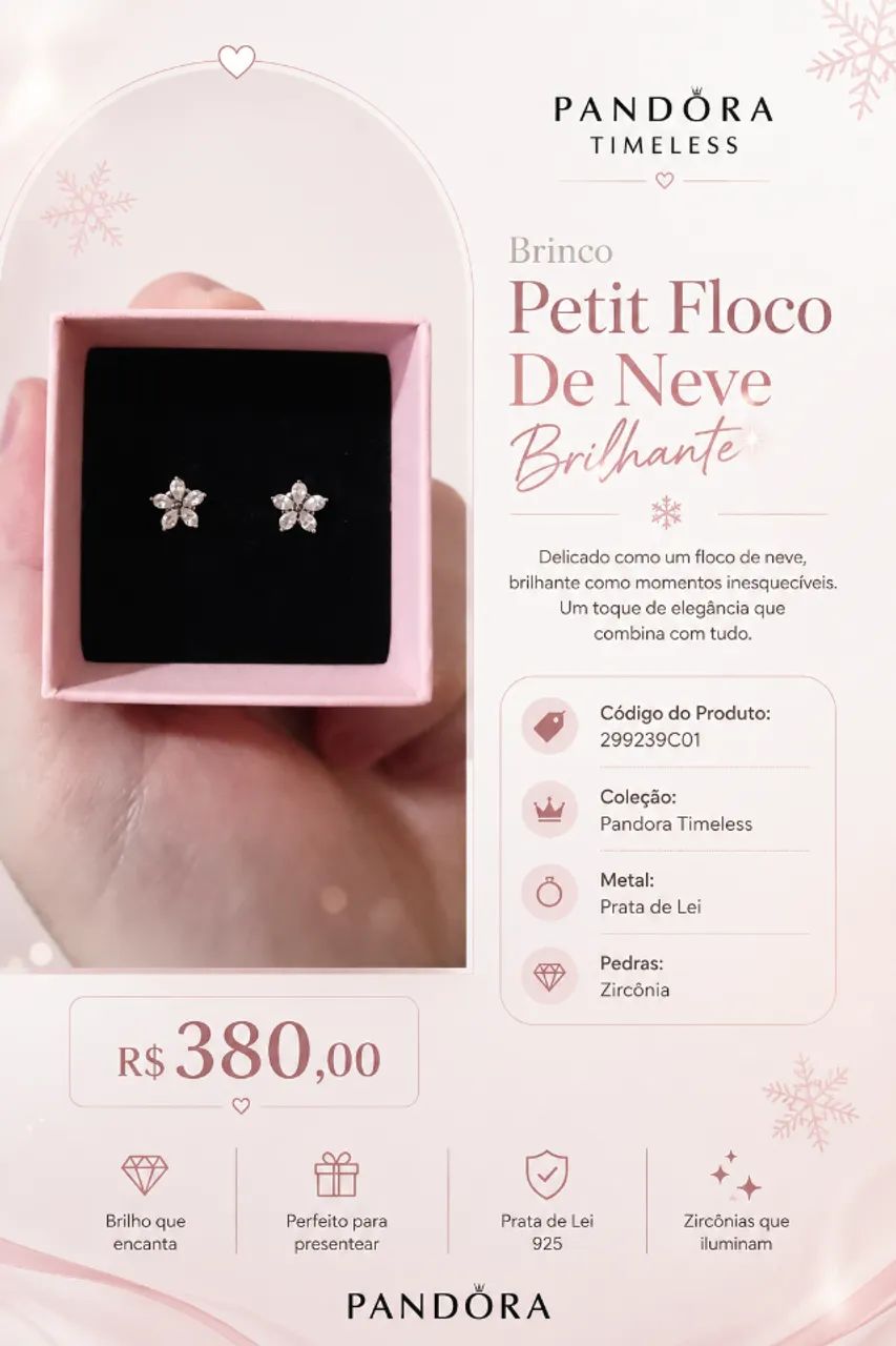 Brinco Pandora Petit Floco de Neve Brilhante