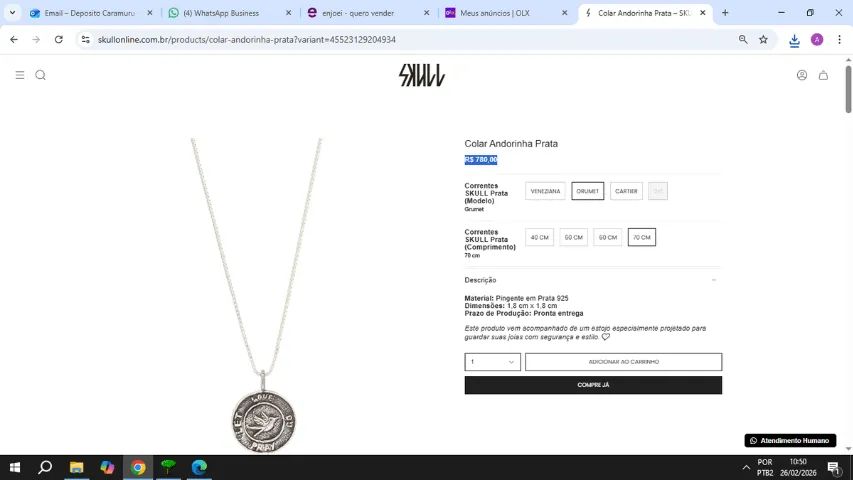 colar andorinha prata skull sp