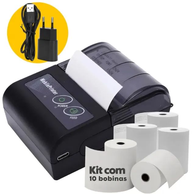 Mini Impressora Portatil Bluetooth Premium Kit C/ 10 Bobinas