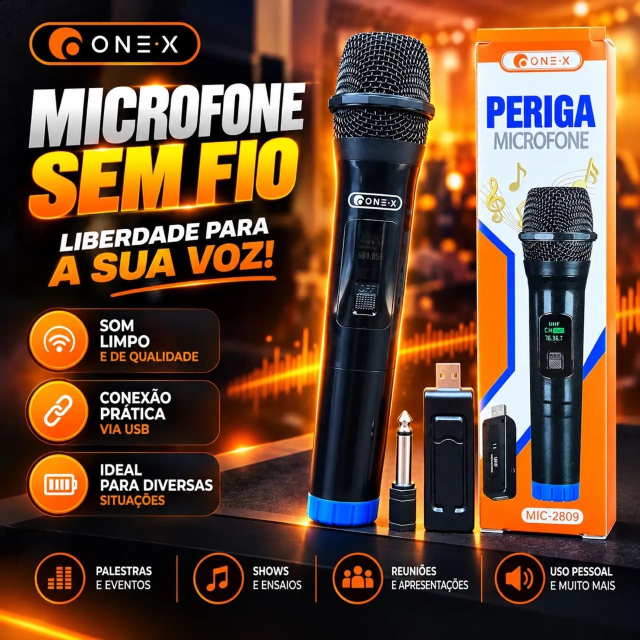 Microfone sem fio com visor digital 