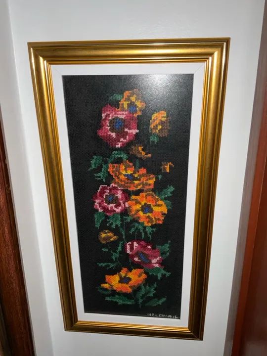 Quadro tapeçaria francesa de flores com moldura e paspatur - Foto 3
