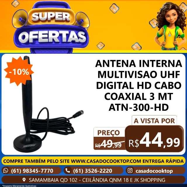 ANTENA INTERNA MULTIVISAO UHF DIGITAL HD CABO COAXIAL 3 MT ATN-300-HD