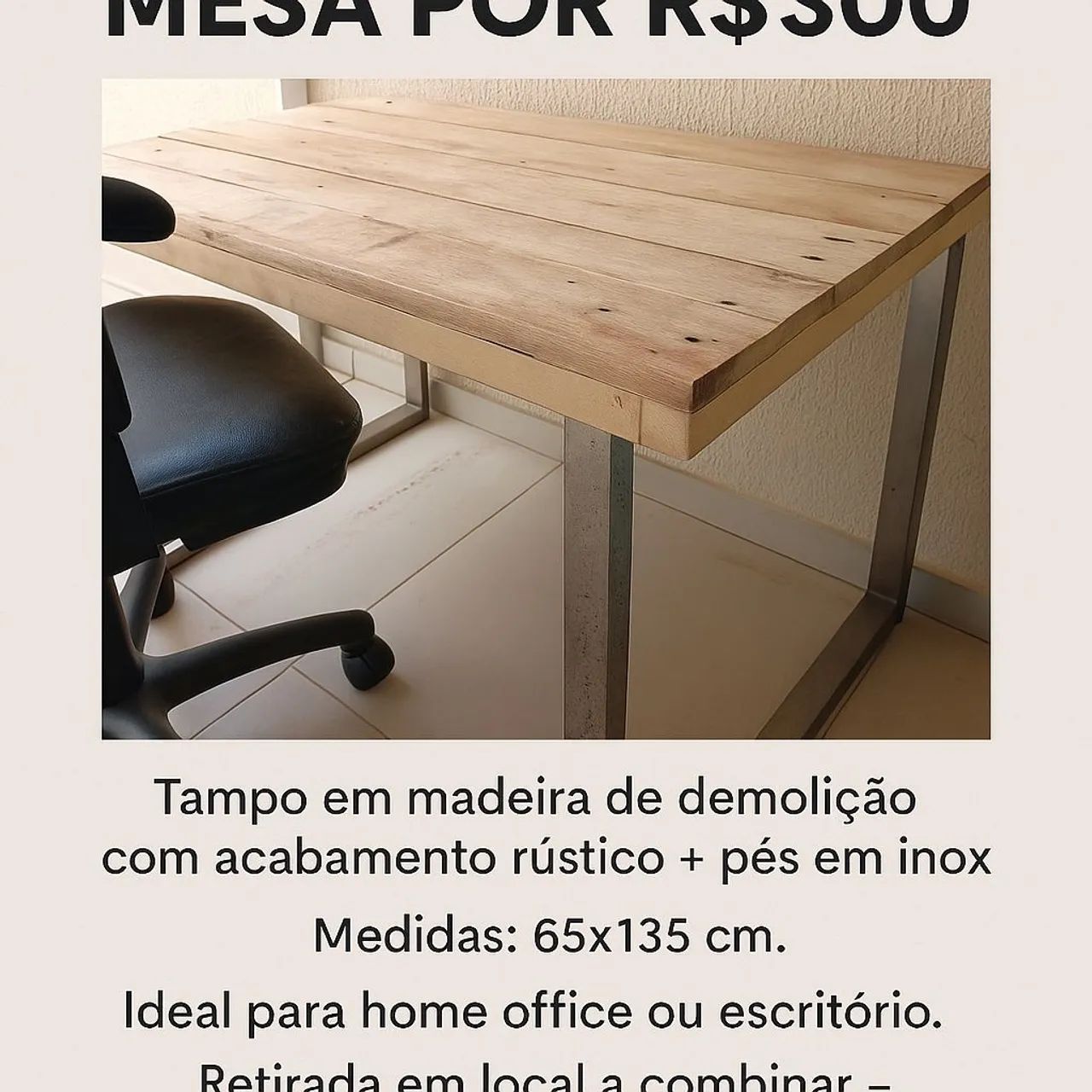 Mesa pés inox tampo madeira