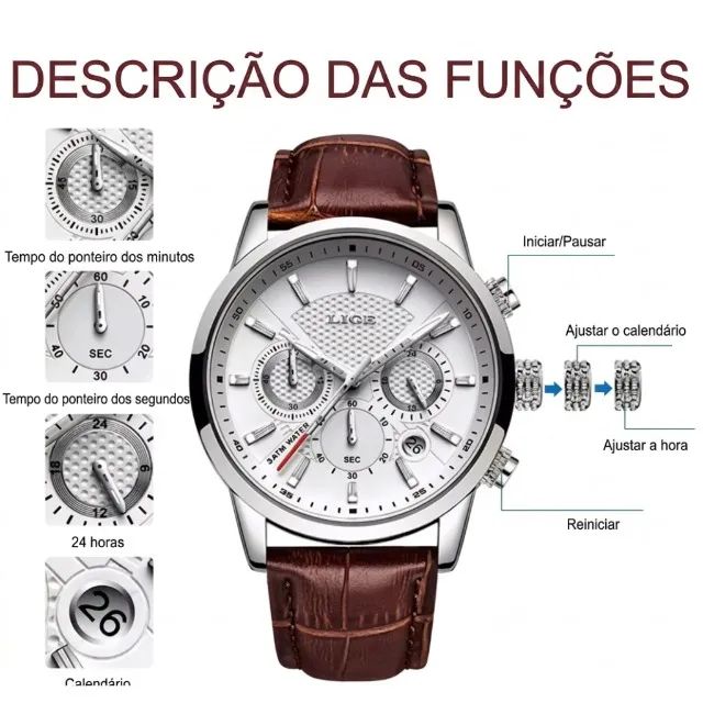 Relógio Masculino LIGE Original | Pulseira Couro Legítimo e Texturizado, versão com Resist - Foto 3