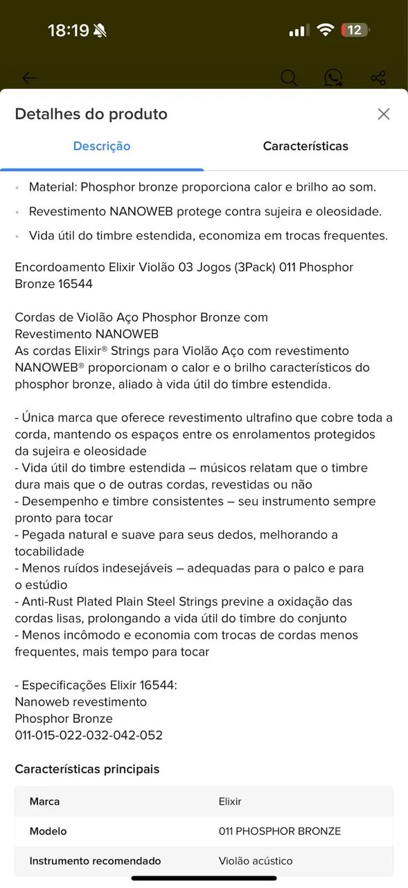Kit com 3 encordoamentos Elixir Phosphor Bronze aço  - Foto 2