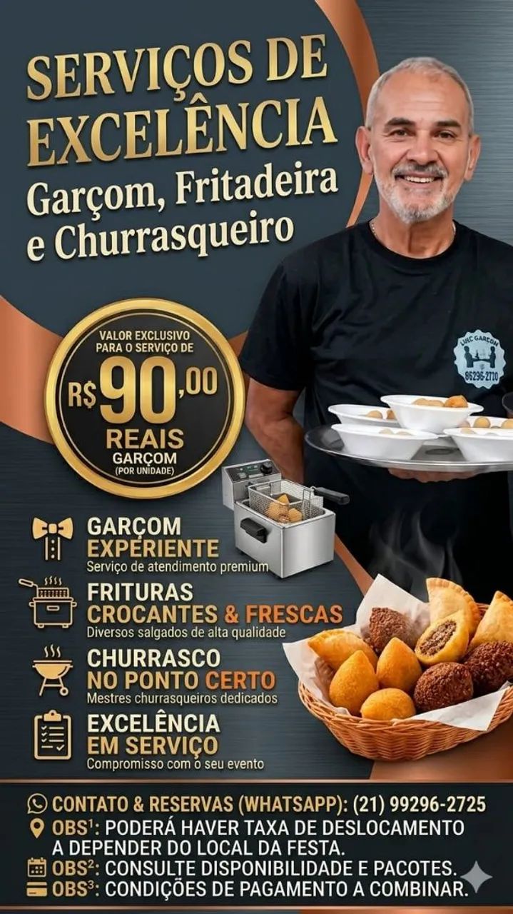 GARÇOM a partir de R$ 90,00 + churrasqueiros e fritadeiras 