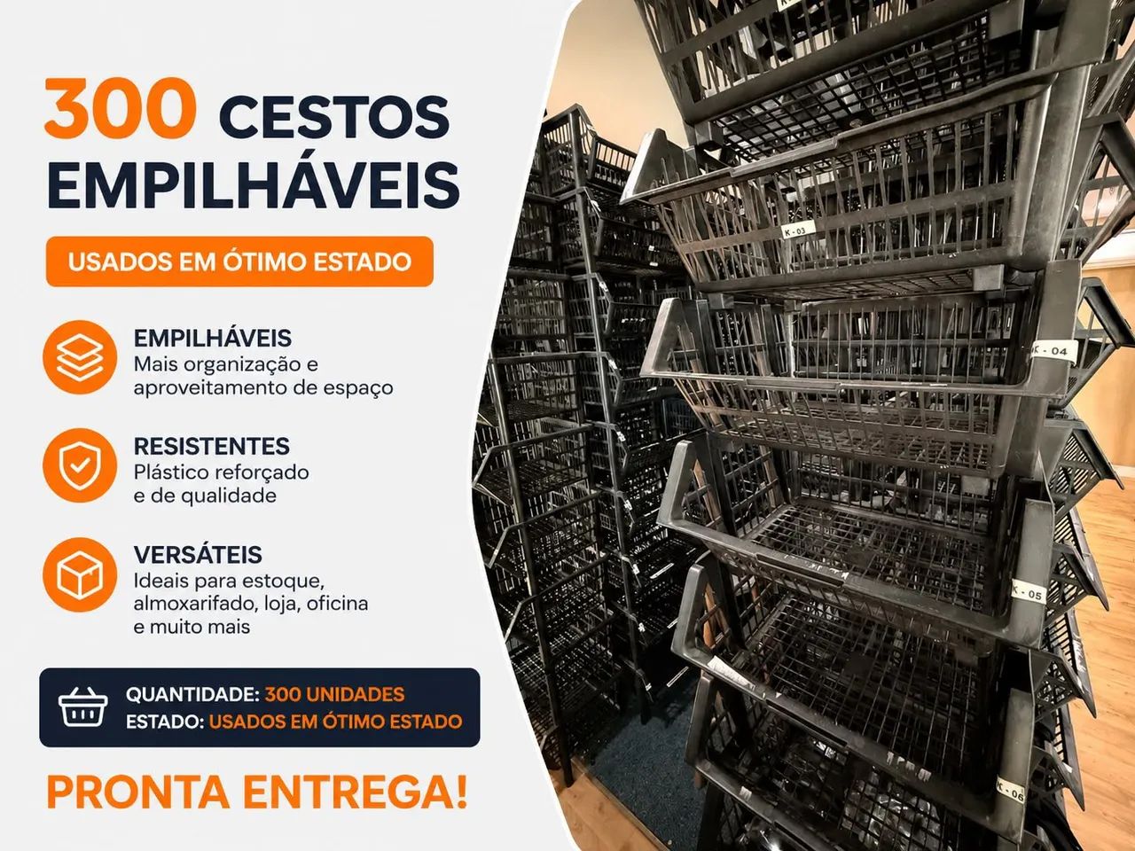 300 cestos plásticos empilháveis usados, todos em ótimo estado de conservação