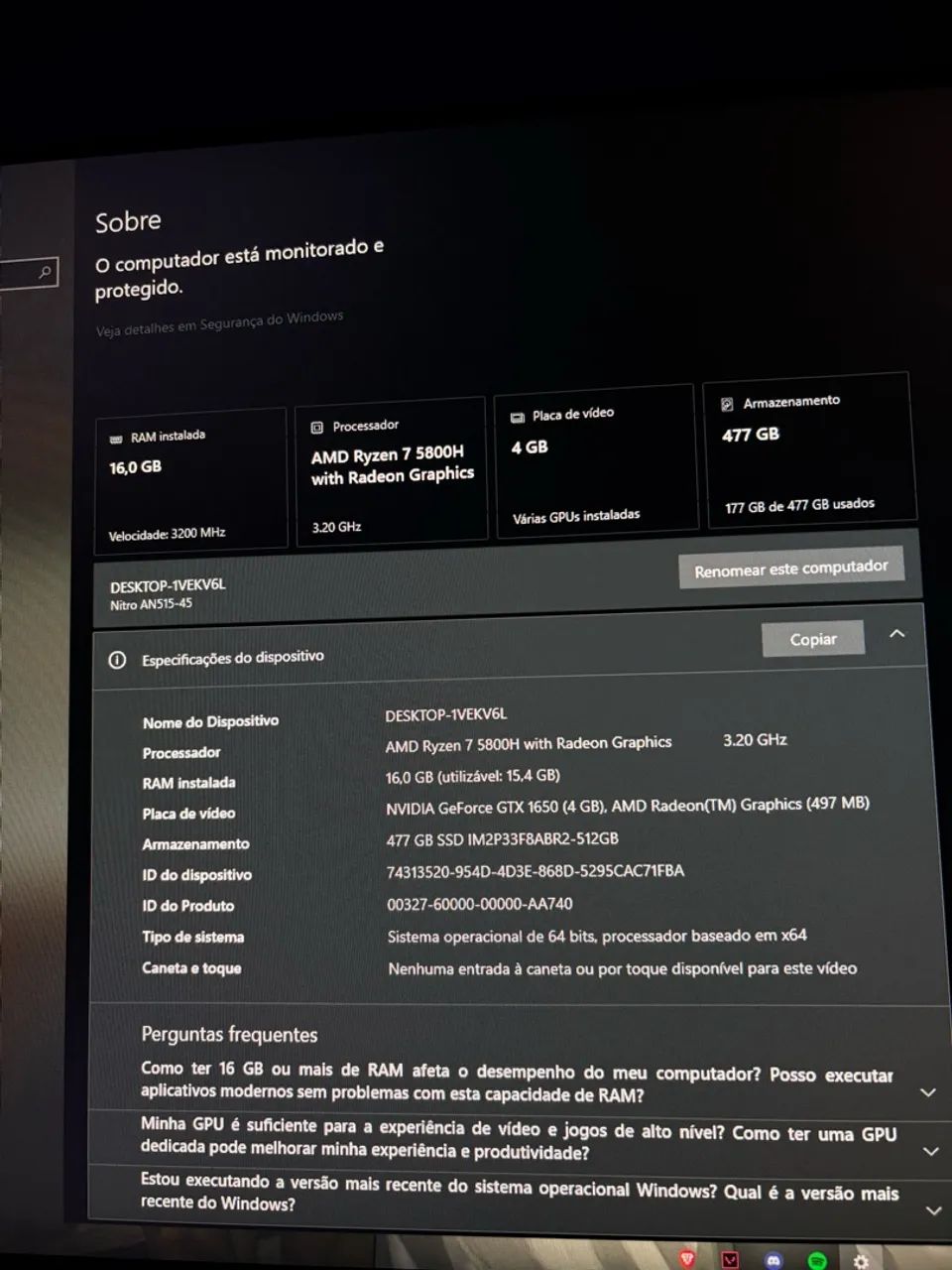 Notebook Acer Nitro 5 Ryzen 7 com 16GB  - Foto 2