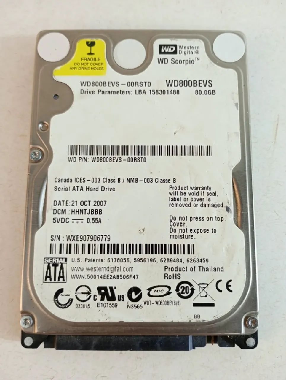 hd western digital scorpio 80gb sata 2.5 polegadas para reaproveitamento de peças 