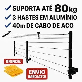 Varal Parede Articulado 3 Hastes Alumínio 80kg - Foto 2