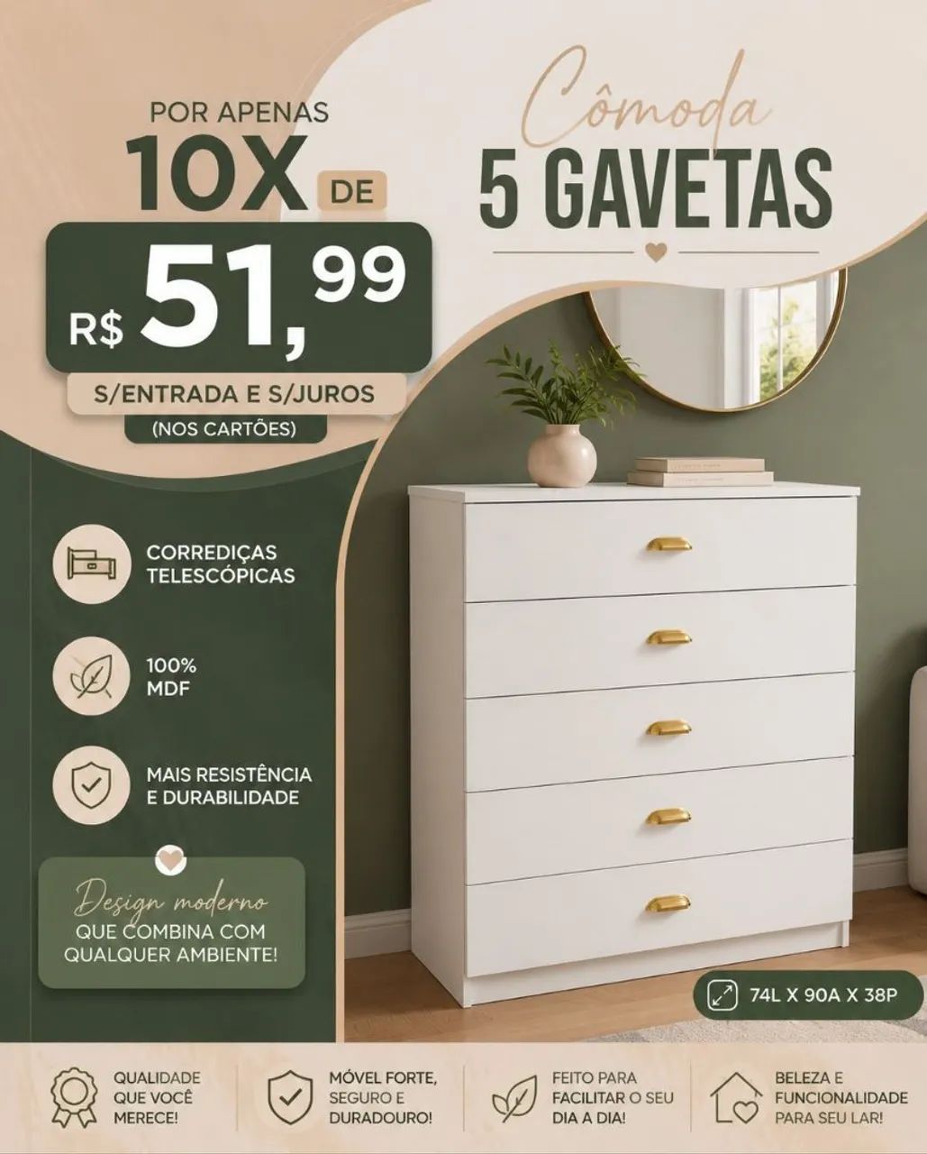 Cômoda 5 gavetas em mdf 