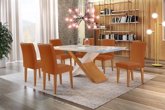 Sala mesa jantar com 6 cadeiras tampo de vidro 