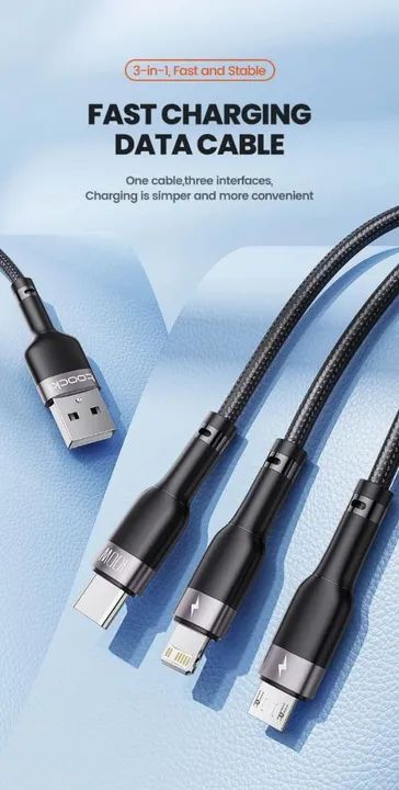 Cabo 3 em 1 Toocki ORIGINAL USB Tipo C, carregamento - Foto 5