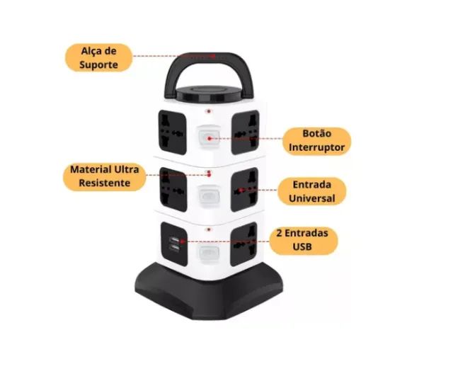 Torre De Tomada Elétrica Com 7 Entradas Universais + 2 Usb - Foto 2