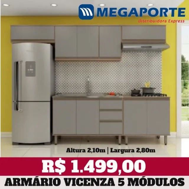 Armário de Cozinha Completo 5 Módulos com 3 Aéreos (Novo) Entrega Grátis! 