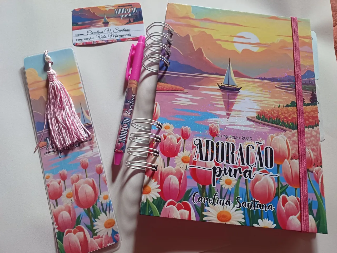 Agenda, Marcador, Crachá e Caneta Personalizados Adoração Pura
