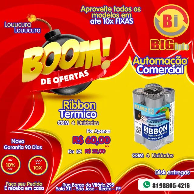 Kit 4 Rolos Ribbon Cera 110x74 Para Impressora Zebra ZD220 / Elgin L42