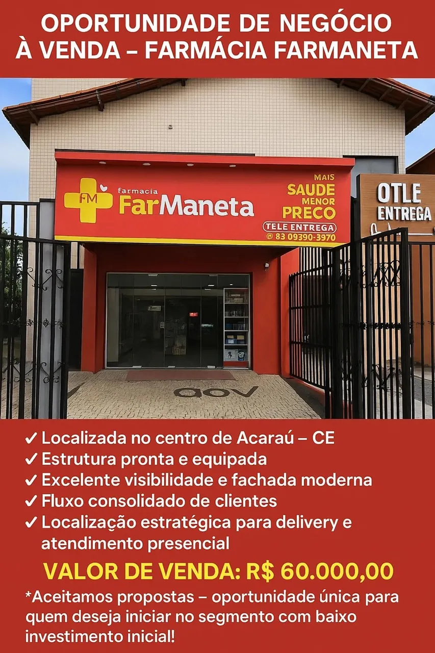 Farmácia Equipada e em Funcionamento à Venda  Excelente Localização!