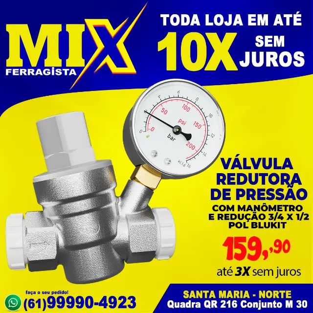 Válvula Redutora de Pressão Com Manômetro e Redução 3/4 x 1/2 Pol Blukit