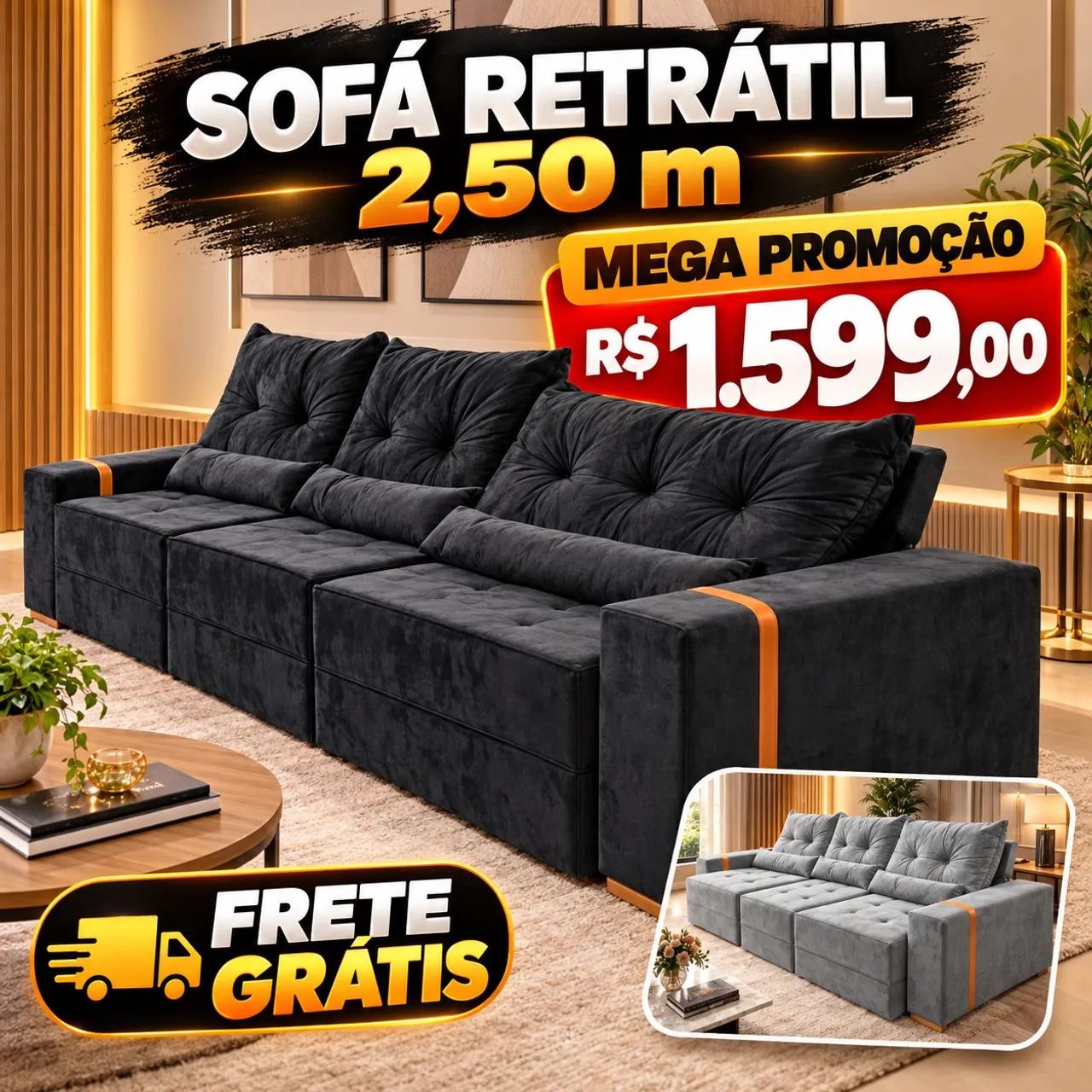 Sofá retrátil e Reclinável 2.50m de largura 