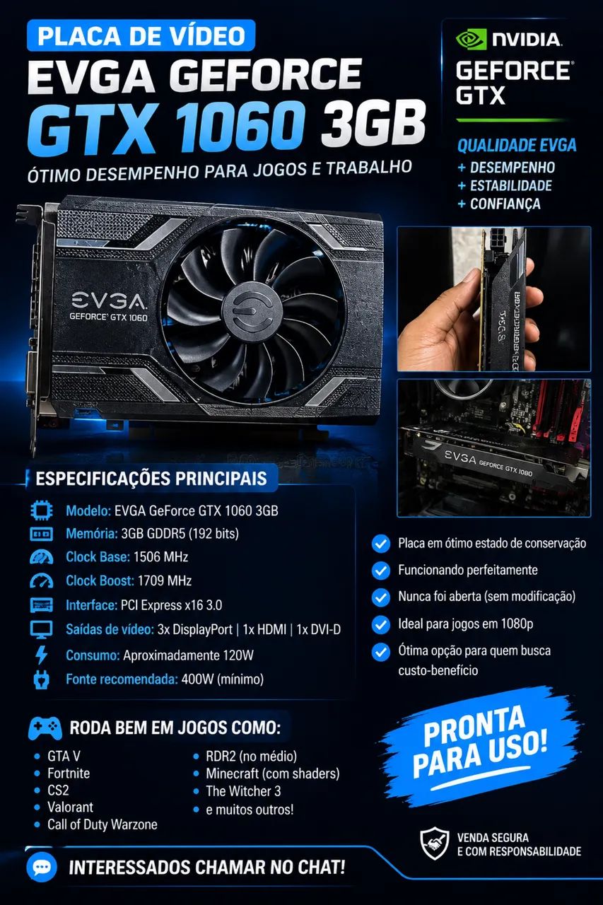 Placa de vídeo GTX 1060 de 3bg em ótimo estado! - Placas de Vídeo