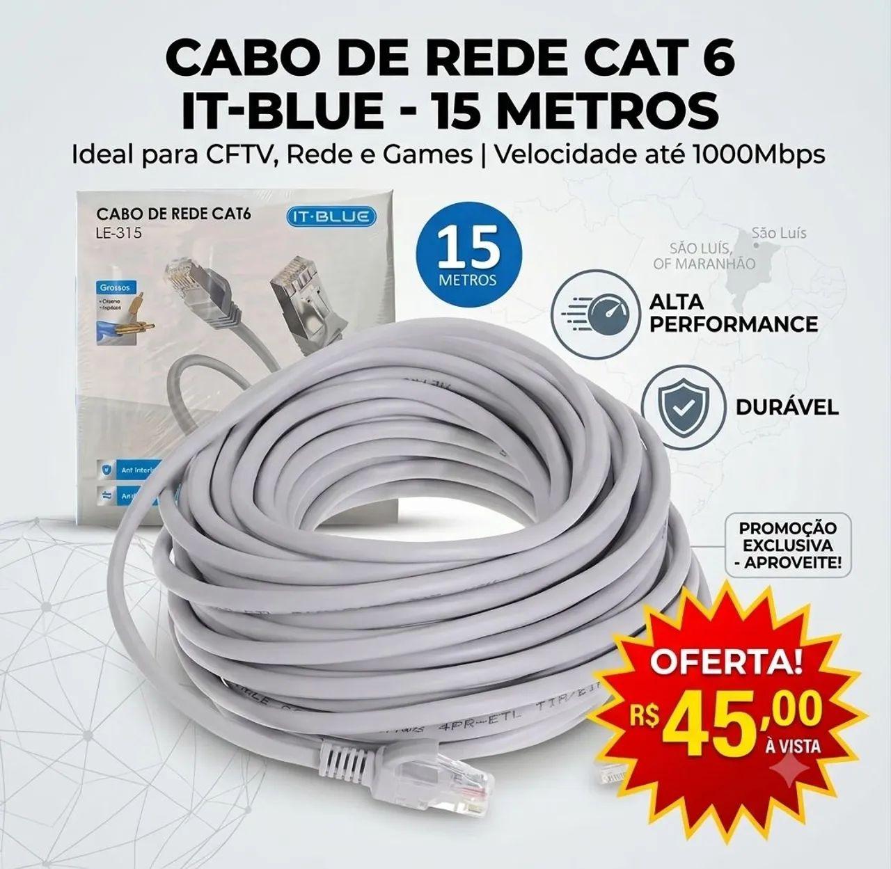 Cabo de Rede de 15 Metros Cat 6 para CFTV e Rede, Até 1000Mbps, Cinza - It-Blue
