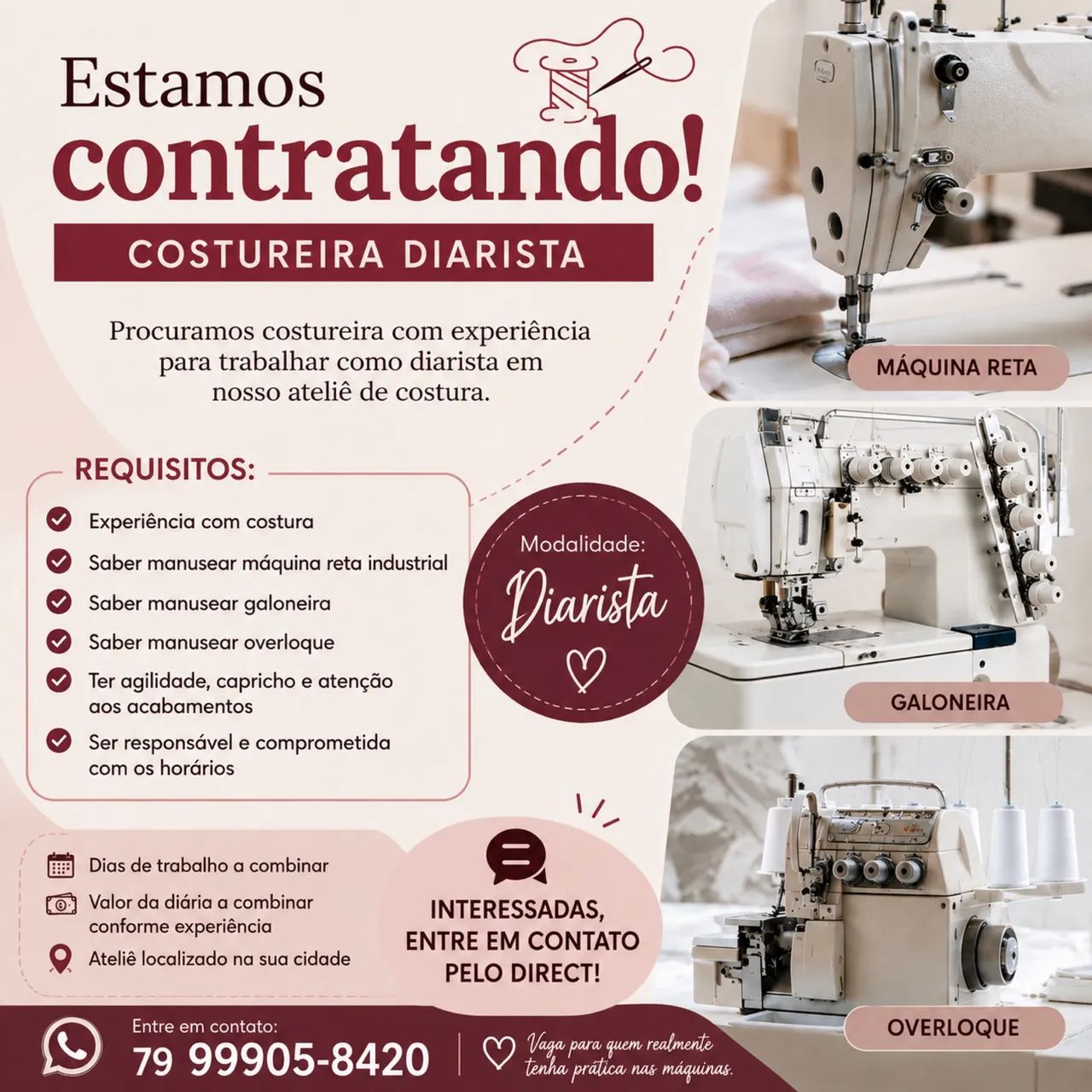 VAGA PARA COSTUREIRAS E COSTUREIROS 