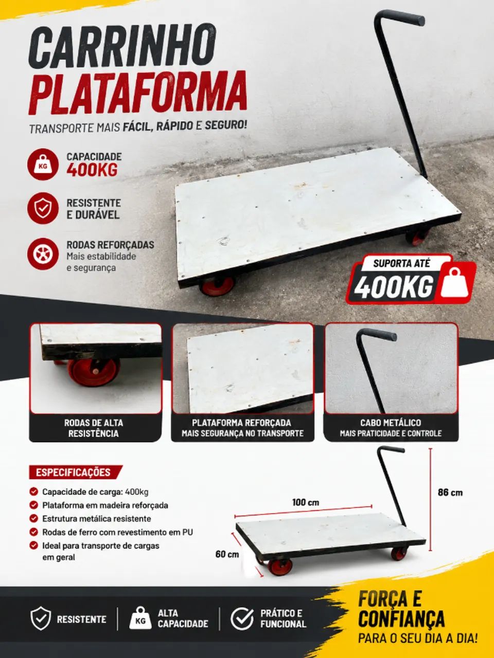 CARRINHO PLATAFORMA DE CARGA 400 KG TAMPO ALUMINIO 