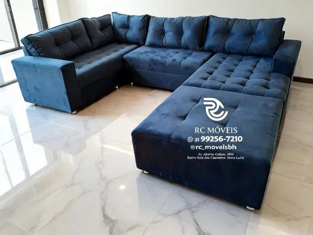 Sofá de canto Grande 3,10m com Chaise e Puff veludo D33 Premium - Foto 2