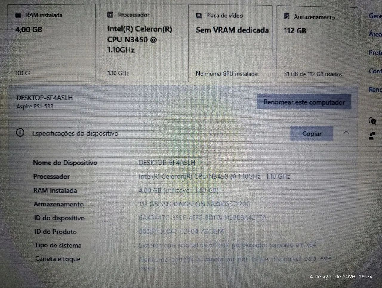 Notebook acer 4Gb RAM - 120gb SSD - Foto 3