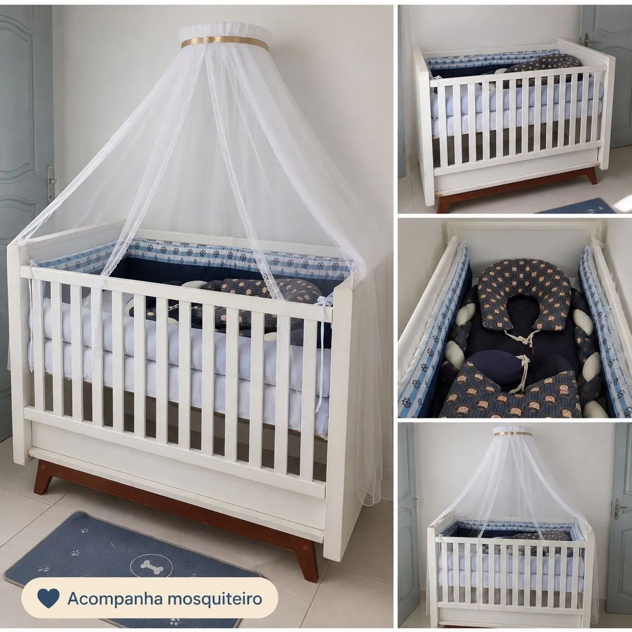 Berço branco completo com enxoval + mosquiteiro