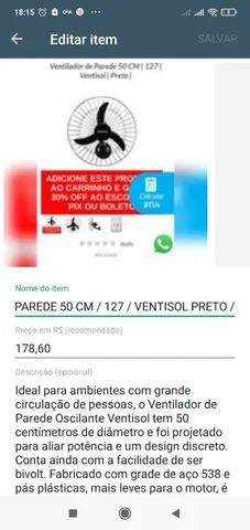 VENTILADOR DE PAREDE 50 CM / 127 / VENTISOL PRETO .