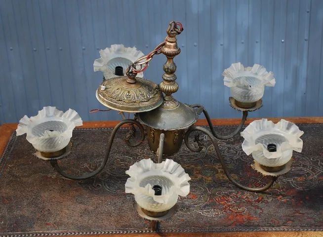 lustre bronze   carlo montalto  , 5 cupulas  , anos 70 . linda pça