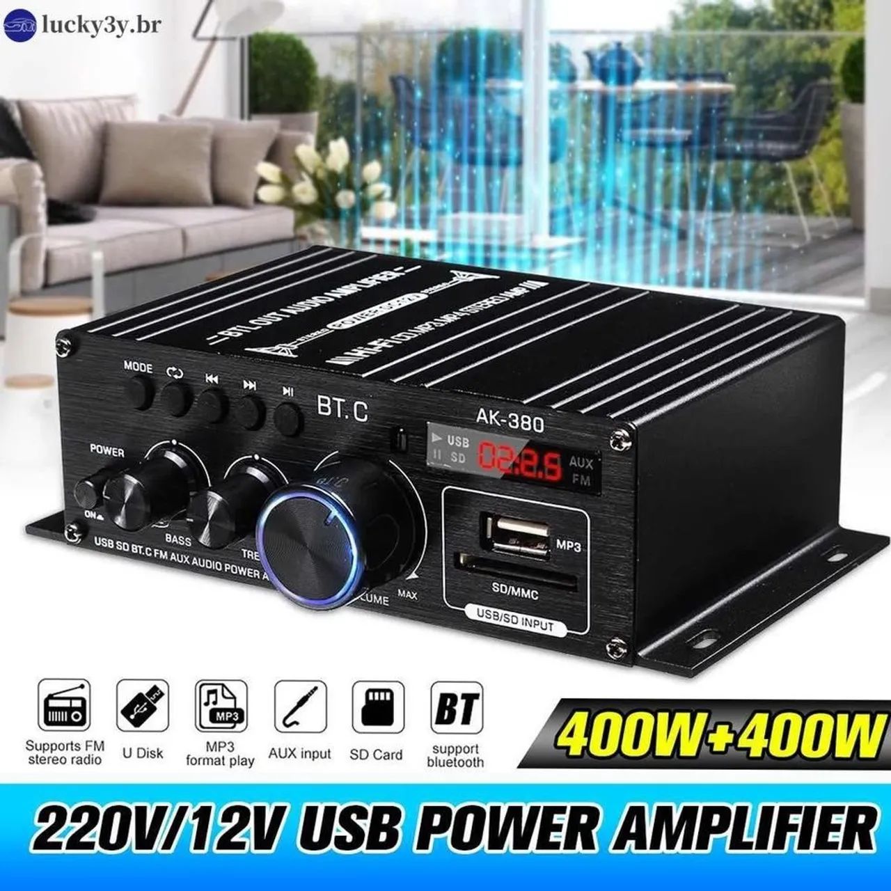 Ak 380 Amplificador De Potência De Áudio 400w + 400w-2.0 Ch/USb/Bluetooth 5.0 +controle - Foto 2