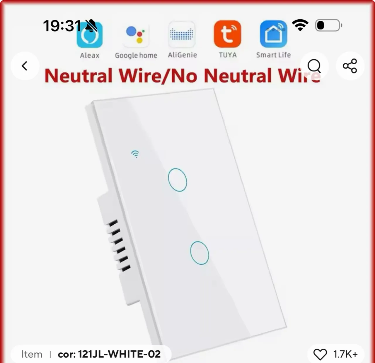 Interruptor inteligente 2 botões - Wi-Fi - Sem fio neutro
