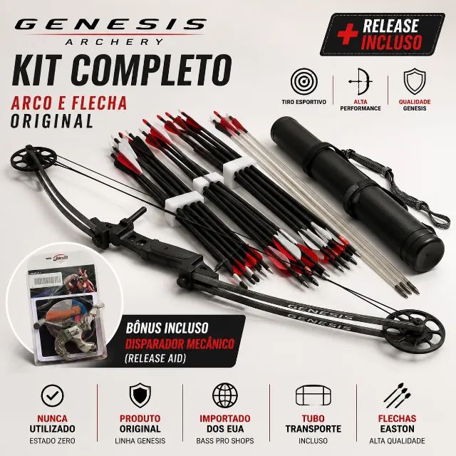 ARCO COMPOSTO GENESIS ARCHERY IMPORTADO + 34 FLECHAS + ALJAVA + RELEASE | NOVO & SEM USO