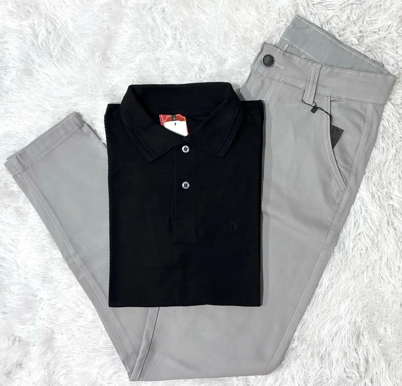 Kit Camisa Polo e Calça Sarja Cinza 
