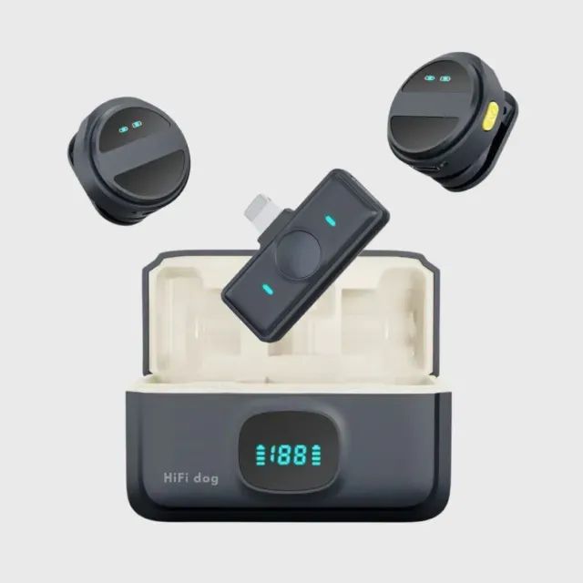 Microfone Sem Fio para iPhone 5 ao 14 (Normal, Plus, Pro e ProMax) Lapela Duplo HiFi Dog 2