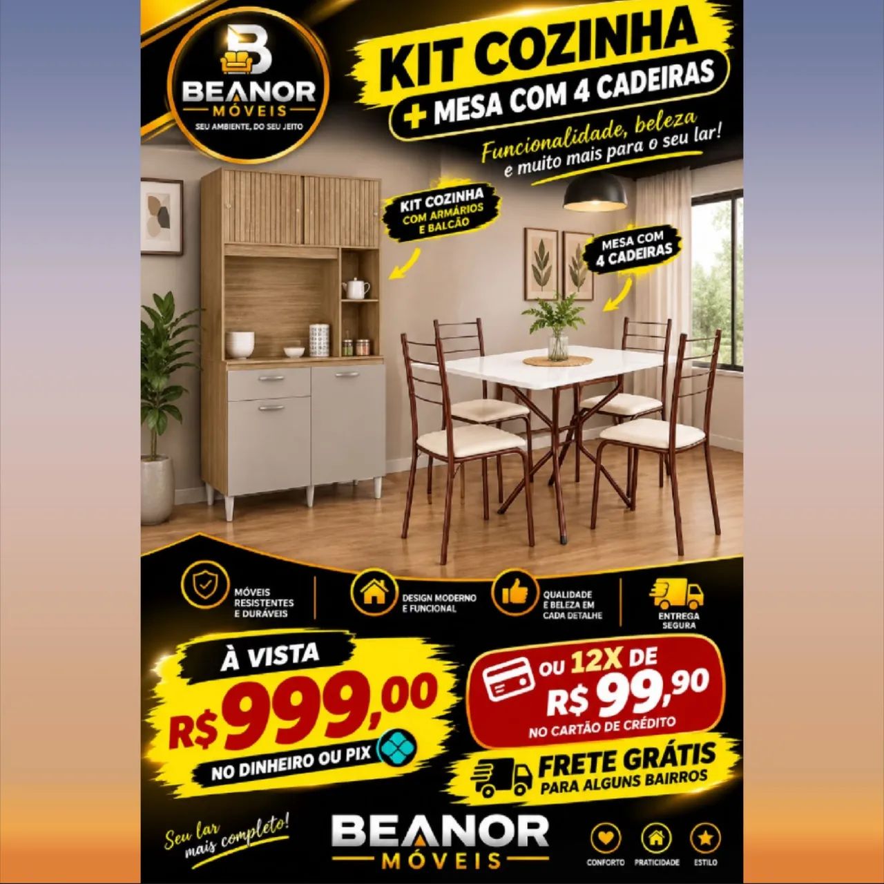 Armário de Cozinha e Mesa com 4 Cadeiras